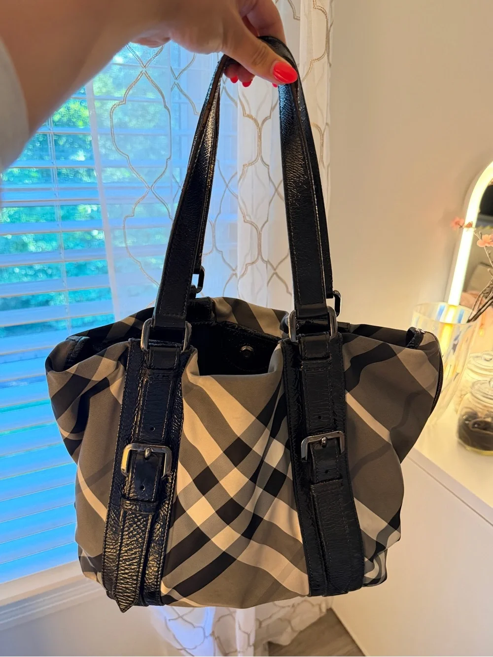 Vintage Burberry Nova Plaid Tote Bag with Patent Leather Straps